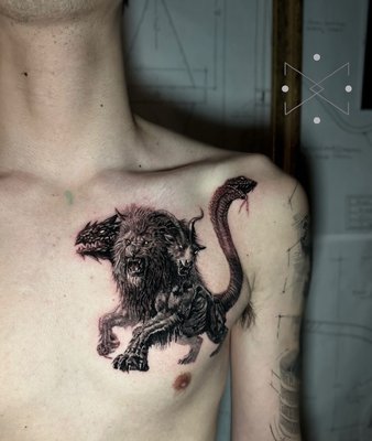 Mythological / architectural / geometry sleeve - This sleeve was custom designed by Cesar for a client coming from Georgia, this sleeve took a few sessions so far and it is in progress to complete chest and extend to the next arm.