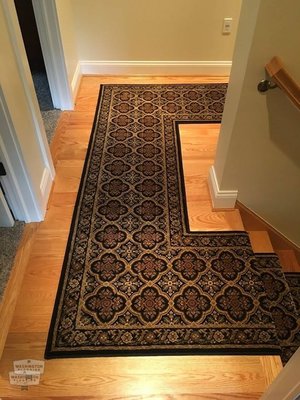 Winding Multi-Mitre Runner Washington Flooring / Kane "Dynasty" - One contiguous roll runner. Seamed together at each turn, and stairwell. Perfect pattern matching in all regions. Takes years of craftsmanship to achieve this degree of precision. This CFI Installer has done 100's of these. We look forward to turning your stairwell, and steps into the showcase of your home. @washingtonfloors 908-989-0111