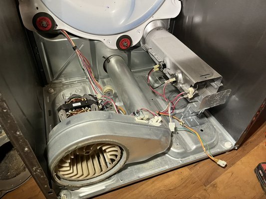 Dryer repair/vent cleaning - Client called saying their dryer was screeching, and making burnt smell. After a multipoint inspection of the dryer and vent, we found that lint was starting to burn on the heating element, the vent duct was 100% blocked, and the rollers were seized. After a detailed cleaning, and routine part replacement, our clients dryer was working as good as new!