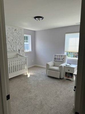 Bedroom painting - Bothell - Painted bedroom, color: Silver Peony. Added trim around wallpaper mural.