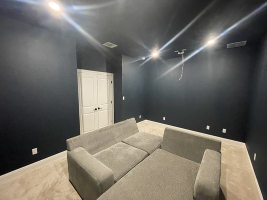 Media Room - This is an example of a simple one day job but can make a huge difference. The client was tired of how bright the media room was when watching movies so they opted to go with a dark color and flat so there will be very little reflection compared to what was there. Media Room - This is an example of a simple one day job but can make a huge difference. The client was tired of how bright the media room was when watching movies so they opted to go with a dark color and flat so there will be very little reflection compared to what was there.