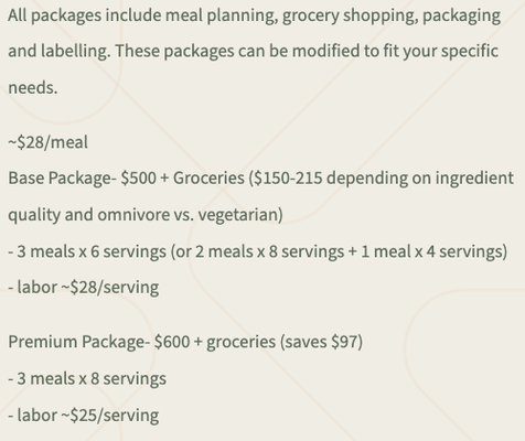 Sample Weekly Menu Rates and Bundles - These rates are just a sample and can change depending on what you need specifically.  Discounted bundles available.