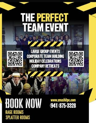 Team Building/ Corporate Event - WEEKDAY FRIENDLY BOOKINGS AVALIABLE
CUSTOMIZED PACKAGES AND PRICING 
INQUIRE TODAY AT INFO@SMASHITPC.COM

Imagine having our venue exclusively for your gathering, creating a private and personalized experience for you and your guests. Here's what our non-business hour bookings mean for you:

Exclusive Venue Access: Creating a private and exclusive atmosphere for your celebration.

Flexible Scheduling: We offer flexible scheduling for your private event or celebration during our non-business hours. At SMASHIT we understand that celebrations are not just bound to the weekend.

Personalized Service: Our dedicated team will be there to ensure your event is seamless.

Ready to turn your special occasion into a truly exclusive experience? 

Contact us at 941-875-3328 or email info@smashitpc.com to inquire about availability and discuss your event details.

Thank you for considering SMASH IT for your special event. Here's to creating unforgettable moments that last a lifetime!