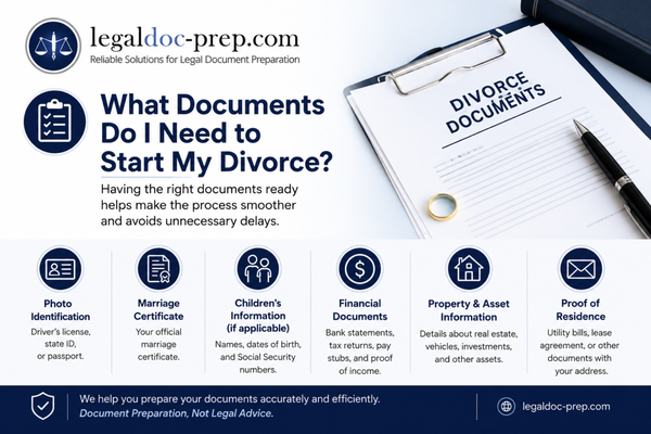 Divorce Document Preparation - LegalDoc-Prep provides professional document preparation assistance for divorce matters, including divorce filings, child custody, child support, property division, and other family law documents. We help clients prepare and organize their paperwork based on the information they provide. LegalDoc-Prep is not a law firm and does not provide legal advice or legal representation. Divorce Document Preparation - LegalDoc-Prep provides professional document preparation assistance for divorce matters, including divorce filings, child custody, child support, property division, and other family law documents. We help clients prepare and organize their paperwork based on the information they provide. LegalDoc-Prep is not a law firm and does not provide legal advice or legal representation.