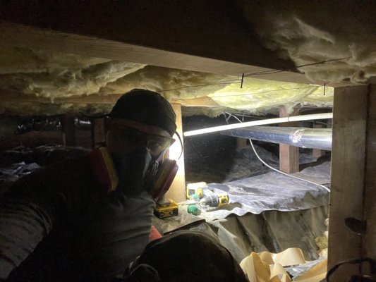 Crawlspace Install - This was completed in a crawlspace for a customer who had flexible duct. The ductwork had become clogged with lint, and as a result filled up with water creating a 100% blockage, and was a an extreme fire hazard. Flexible ductwork in a crawlspace is not allowed in Oregon. And must be replaced with solid rigid ductwork per Oregon building code.