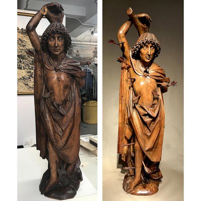 Saint Sebastian - This showcases a before and after of our work on the Saint Sebastian piece. This single photo shows an early German statue of Saint Sebastian before and after treatment. When he arrived the figure had extensive wood worm damage, a thick layer of art, many old repairs, and was missing several of his arrows. We cleaned the surface, removed the old repairs, filled the worn holes, carved replacements for the missing arrows, then applied a natural resin finish. Carved boxwood, Germany ca. 1600.