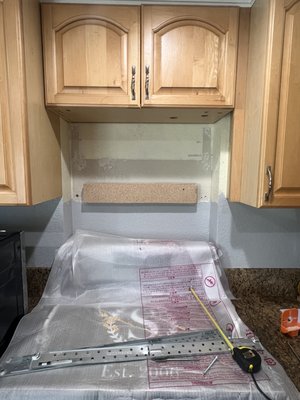 New microwave nstallation. - This installation was done in a kitchen that previously has a countertop microwave on a shelf. I installed a new backing and mounting secured to 2 studs allowing for a proper anchoring point for the microwave and the newly installed backboards. New microwave nstallation. - This installation was done in a kitchen that previously has a countertop microwave on a shelf. I installed a new backing and mounting secured to 2 studs allowing for a proper anchoring point for the microwave and the newly installed backboards.