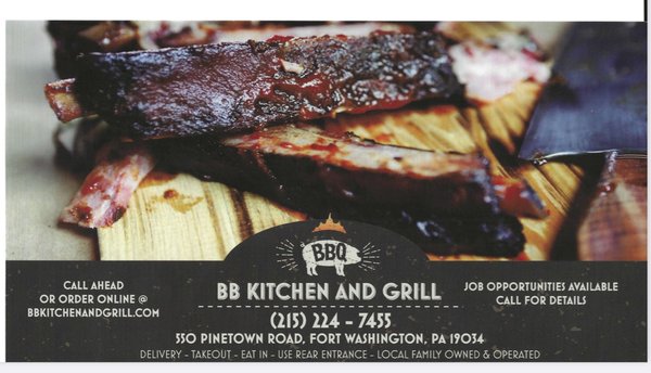 BB KITCHEN & GRILL MENU - BB KITCHEN AND GRILL CAFE MENU
550 PINETOWN ROAD, FORT WASHINGTON, PA 19034
Eat in, Carry Out, Delivery BB KITCHEN & GRILL MENU - BB KITCHEN AND GRILL CAFE MENU
550 PINETOWN ROAD, FORT WASHINGTON, PA 19034
Eat in, Carry Out, Delivery
