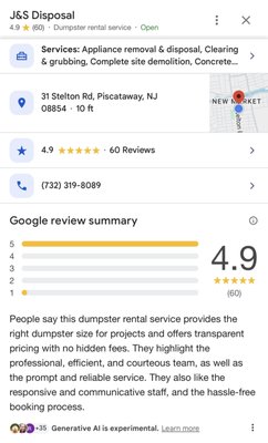 Customer Testimonials - At J&S Disposal, we're proud to let our work speak through our customers' experiences! Although, we're new on Yelp, please see our other feature which displays real reviews from satisfied clients who have trusted us for their dumpster rentals, junk removal and demolition services. From on-time deliveries to friendly customer service and clean, reliable containers, our customer share how J&S Disposal makes their cleanup projects easy and stress-free. Customer Testimonials - At J&S Disposal, we're proud to let our work speak through our customers' experiences! Although, we're new on Yelp, please see our other feature which displays real reviews from satisfied clients who have trusted us for their dumpster rentals, junk removal and demolition services. From on-time deliveries to friendly customer service and clean, reliable containers, our customer share how J&S Disposal makes their cleanup projects easy and stress-free.