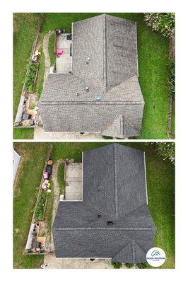 Full Roof Replacement Project / Pineville, NC - In this project, we transformed an aging roof with visible wear into a sleek, durable new roof using top-quality GAF shingles. The "before" image shows discoloration and deterioration that were no match for our experienced crew. In the "after" image, you can see the fresh, professionally installed roof, ready to protect the home for years to come. With every project, we focus on quality, reliability, and customer satisfaction. Full Roof Replacement Project / Pineville, NC - In this project, we transformed an aging roof with visible wear into a sleek, durable new roof using top-quality GAF shingles. The "before" image shows discoloration and deterioration that were no match for our experienced crew. In the "after" image, you can see the fresh, professionally installed roof, ready to protect the home for years to come. With every project, we focus on quality, reliability, and customer satisfaction.