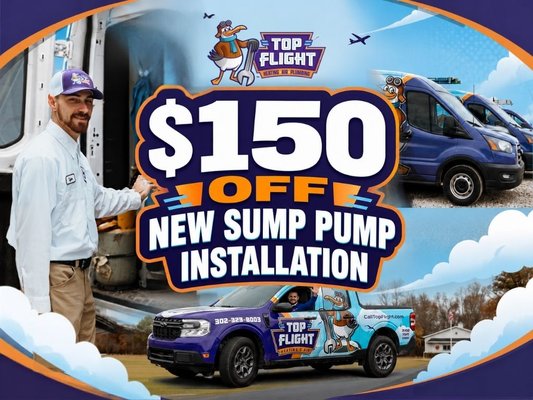 $150 Off New Sump Pump Installation - Terms may apply. Call for more details