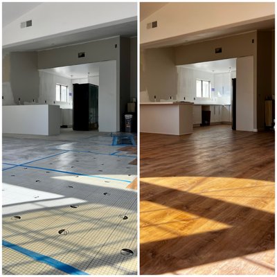 Finishing up vinyl plank and baseboard installation in Oceanside, CA - 2024 - The client started installing vinyl plank flooring and baseboards in their home but didn’t have enough time to finish. We took over and completed the flooring and baseboard installation, plus added door casings. We also did a bit of grinding on the concrete floor where it was uneven and used some self-leveling compound. Finishing up vinyl plank and baseboard installation in Oceanside, CA - 2024 - The client started installing vinyl plank flooring and baseboards in their home but didn’t have enough time to finish. We took over and completed the flooring and baseboard installation, plus added door casings. We also did a bit of grinding on the concrete floor where it was uneven and used some self-leveling compound.