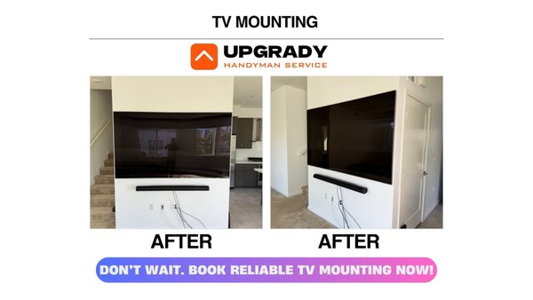 TV MOUNTING - Wall-mounted TV with precise alignment - clean, secure, and professionally done. Want the same? Book your install today with UPGRADY Handyman Services!