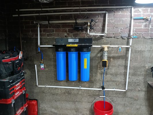 Whole House Water Filtration Install - This system is outfitted with a descaler, spin down filter (prolongs life of the canister filters), and UV upgrade for bacteria.
We also installed an under sink reverse osmosis system for drinking water piped to the refrigerator. Whole House Water Filtration Install - This system is outfitted with a descaler, spin down filter (prolongs life of the canister filters), and UV upgrade for bacteria.
We also installed an under sink reverse osmosis system for drinking water piped to the refrigerator.