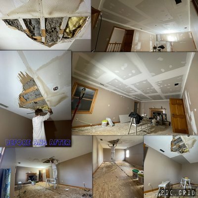 Shelby Drywall Overlay Job - A little bit of drywall for you. Major water damage. The leak was fixed and we decided to reinforce the preexisting. Properly fill the missing gap to level. And overlayed some 1/2 in Sheetrock over top to suck it all back in and reenforce the structure. Finished it beautifully. 
Thanks for looking!