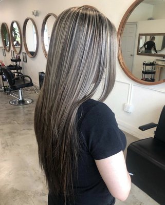 Full highlights - That was a full highlight project. She came with wasted highlights and wanted to disguise some gray hair. So we did full highlights with a professional Olaplex treatment to protect her hair from chemicals and the bleaching process. It took 7 hours. Full highlights - That was a full highlight project. She came with wasted highlights and wanted to disguise some gray hair. So we did full highlights with a professional Olaplex treatment to protect her hair from chemicals and the bleaching process. It took 7 hours.