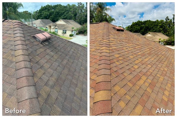 Orange shingle roof cleaning - Amazing transformation after cleaning shingle roof, using soft washing to bring back the original color. Orange shingle roof cleaning - Amazing transformation after cleaning shingle roof, using soft washing to bring back the original color.