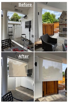 Outdoor Roller Shades Installation - Installed outdoor roller shades on the patio. The main challenge was the height of the installation area, which required precise measurement and secure mounting. Outdoor Roller Shades Installation - Installed outdoor roller shades on the patio. The main challenge was the height of the installation area, which required precise measurement and secure mounting.