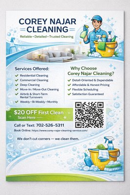 Listing-Ready Cleaning You Can Count On - Corey Najar Cleaning Service delivers reliable, detail-focused cleaning for homes, rentals, and real estate listings across Las Vegas. We specialize in move-in, move-out, and listing-ready cleanings that make properties shine for showings and new occupants. Professional, dependable, and done right — every time. Listing-Ready Cleaning You Can Count On - Corey Najar Cleaning Service delivers reliable, detail-focused cleaning for homes, rentals, and real estate listings across Las Vegas. We specialize in move-in, move-out, and listing-ready cleanings that make properties shine for showings and new occupants. Professional, dependable, and done right — every time.