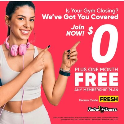 Join Now for $0 + 1 FREE MONTH! - Join now for $0 plus get one free month (any membership plan)
Visit our website and enter promo code: FRESH
https://jointoday.retrofitness.com/club/8491/ Join Now for $0 + 1 FREE MONTH! - Join now for $0 plus get one free month (any membership plan)
Visit our website and enter promo code: FRESH
https://jointoday.retrofitness.com/club/8491/
