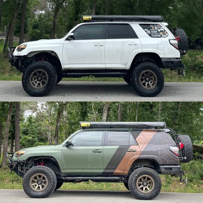 Clays Runner - This 4Runner got our custom topography TRD Heritage Wrap with a 3M Matte green base and a layer of Ceramic Coating to help keeping everything clean. Clays Runner - This 4Runner got our custom topography TRD Heritage Wrap with a 3M Matte green base and a layer of Ceramic Coating to help keeping everything clean.