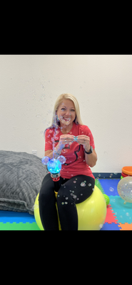 Bubble play - Children love to play with bubbles and it is an excellent way to work on communication skills for requesting "bubbles", "want bubbles", "more", "more bubbles". Making comments: "pop", "pop bubbles", "big bubbles", "little bubbles", etc.