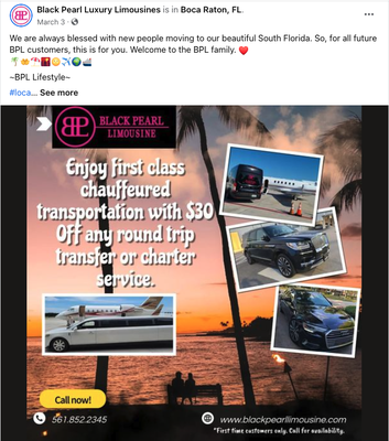 Ask About Rewards Program & Current Promotions! - Introducing our new BPL Loyalty Program. Earn money each time you refer BPL's services to a new client. Make sure to tell everyone to mention YOU when they book. Besides airport and cruise port transfers, BPL is proud to be there for the special occasions and unforgettable memories.

Thank you to all our clients who hire us to help make their experiences exceptional.