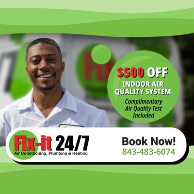 IAQ $500 off/ complimentary indoor air quality test - Complimentary indoor air quality test included with offer. $500 discount applies to qualifying indoor air quality products or systems only and must be applied at time of purchase. Not valid on diagnostic fees, prior sales, or with other offers. Residential customers only. IAQ $500 off/ complimentary indoor air quality test - Complimentary indoor air quality test included with offer. $500 discount applies to qualifying indoor air quality products or systems only and must be applied at time of purchase. Not valid on diagnostic fees, prior sales, or with other offers. Residential customers only.