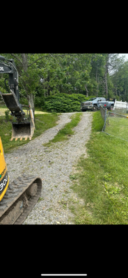 Driveway renewal - We scraped, graded, and widened a driveway for a customer. Added in 4 inch drain pipe to stop the garage from leaking. Spread out 25 ton of cinders they had on site. Please contact us for all of your needs. No matter what it is we can do it! Driveway renewal - We scraped, graded, and widened a driveway for a customer. Added in 4 inch drain pipe to stop the garage from leaking. Spread out 25 ton of cinders they had on site. Please contact us for all of your needs. No matter what it is we can do it!