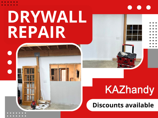 Drywall repair - We understand the frustrations that come with damaged drywall—whether it's from water leaks, cracks, holes, or wear and tear. Our team specializes in providing precise and effective solutions to restore your walls to their original condition.
At KAZhandy, we begin by assessing the extent of the damage to your drywall. Whether it's a small patch or a larger area requiring replacement, we use top-quality materials and techniques to ensure seamless repairs. We meticulously prepare the damaged area, cutting out any compromised sections and replacing them with new drywall. Our skilled craftsmen then expertly tape, mud, sand, and texture the repaired area to blend perfectly with the surrounding wall.
We pride ourselves on our attention to detail and commitment to delivering superior results. Beyond just fixing the problem, we strive to enhance the aesthetic appeal and structural integrity of your home. From minor touch-ups to extensive repairs, KAZhandy is dedicated to meeting your drywall needs with professionalism and precision.
In addition to drywall repair, our comprehensive services include interior painting, door and window repairs, and a full range of handyman services. Contact KAZhandy today to schedule your consultation and experience the difference. Let us help you transform your living space and ensure your complete satisfaction with our exceptional craftsmanship and reliable service. Drywall repair - We understand the frustrations that come with damaged drywall—whether it's from water leaks, cracks, holes, or wear and tear. Our team specializes in providing precise and effective solutions to restore your walls to their original condition.
At KAZhandy, we begin by assessing the extent of the damage to your drywall. Whether it's a small patch or a larger area requiring replacement, we use top-quality materials and techniques to ensure seamless repairs. We meticulously prepare the damaged area, cutting out any compromised sections and replacing them with new drywall. Our skilled craftsmen then expertly tape, mud, sand, and texture the repaired area to blend perfectly with the surrounding wall.
We pride ourselves on our attention to detail and commitment to delivering superior results. Beyond just fixing the problem, we strive to enhance the aesthetic appeal and structural integrity of your home. From minor touch-ups to extensive repairs, KAZhandy is dedicated to meeting your drywall needs with professionalism and precision.
In addition to drywall repair, our comprehensive services include interior painting, door and window repairs, and a full range of handyman services. Contact KAZhandy today to schedule your consultation and experience the difference. Let us help you transform your living space and ensure your complete satisfaction with our exceptional craftsmanship and reliable service.