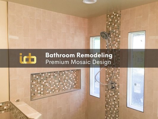 Bathroom Remodel With Mosaic Accent Features - A delightful transition in this Sherman Oaks bathroom construction. We added mosaic tile accent finishes in the shower niche, shower wall, bathtub niche, and sink wall. The peach palette 4x12 matte finish tile complimented the warm earthy tones of the mosaic accent finish and the beautiful pebble stone shower floor. To finalize the look we splashed the bathroom with white quartz vanity countertop, bath tub, and quartz bench. Bathroom Remodel With Mosaic Accent Features - A delightful transition in this Sherman Oaks bathroom construction. We added mosaic tile accent finishes in the shower niche, shower wall, bathtub niche, and sink wall. The peach palette 4x12 matte finish tile complimented the warm earthy tones of the mosaic accent finish and the beautiful pebble stone shower floor. To finalize the look we splashed the bathroom with white quartz vanity countertop, bath tub, and quartz bench.