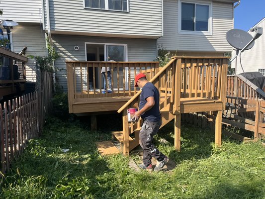 Deck restoration - A pretty aged deck with lifted boards and loose screws. Needless to say, we brought it back to life.
Pressure washed sanded and stained.
