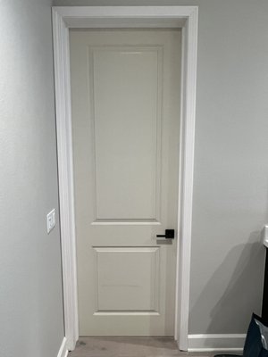 Lake Forest 1/6/22 install - Cased opening turned into doorway that divides bedroom to restroom. Lake Forest 1/6/22 install - Cased opening turned into doorway that divides bedroom to restroom.