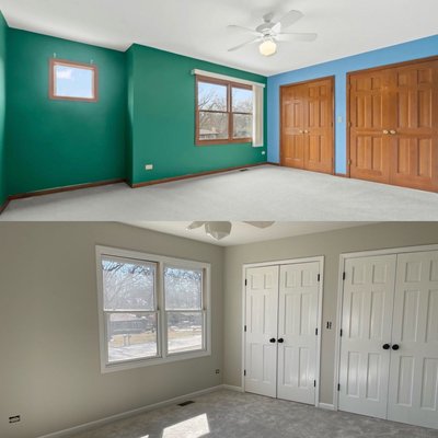Entire Interior Painting 2022 - This house in Palatine took a lot of preparation work, but it was a wonderful transformation. Consisted of fireplace, stairs, doors, windows, trim and of course walls with ceilings.
