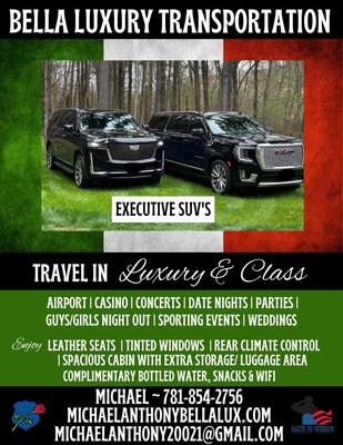 All your transportation needs - Independent Private Chauffer. Top of the line first class experience in our luxury vehicles. Professional service is guaranteed. Airports, Concerts, Weddings, Special Events we got you covered. Lowest luxury rates. Busy summer is expected book now before we are sold out