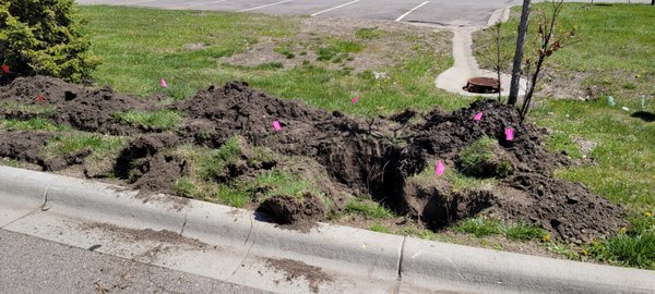 Hyvee 2021 - This was a main line repair that took us a couple of days to complete. with over 200 feet of damaged pvc pipe in dry clay soil it took hard work and the drive to never give up in order to complete this in a timely manner. In the end we were able to get the system up and running and the grass was back to green in no time. this project had a silly twist, once the main line was repaired a random temp sign that was put in on the complete opposite side of the property reared its nasty head with a hit to the main line, a simple repair compared to the 200 feet main line damage that started the project. Hyvee 2021 - This was a main line repair that took us a couple of days to complete. with over 200 feet of damaged pvc pipe in dry clay soil it took hard work and the drive to never give up in order to complete this in a timely manner. In the end we were able to get the system up and running and the grass was back to green in no time. this project had a silly twist, once the main line was repaired a random temp sign that was put in on the complete opposite side of the property reared its nasty head with a hit to the main line, a simple repair compared to the 200 feet main line damage that started the project.