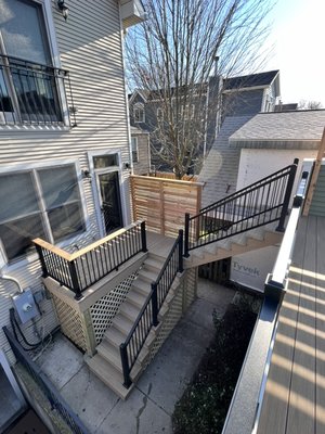 Rear deck/garage deck and privacy wall project. - This project included the replacement of a rear deck with a catwalk to a larger garage rooftop deck area. We also added a modern cedar privacy wall. Materials we used were TimberTech pvc decking and Impression Rail Express railing system in a black finish. Best deck products on the market. Rear deck/garage deck and privacy wall project. - This project included the replacement of a rear deck with a catwalk to a larger garage rooftop deck area. We also added a modern cedar privacy wall. Materials we used were TimberTech pvc decking and Impression Rail Express railing system in a black finish. Best deck products on the market.
