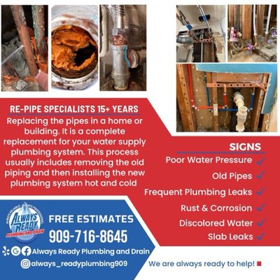 Full house Repipe specialist - If your home has aging, corroded, or leaking pipes, re-piping may be the best long-term solution. Our home re-piping services are designed to replace old plumbing systems with new, durable piping that improves water pressure, water quality, and overall reliability. Re-piping helps eliminate frequent leaks, discolored water, low pressure, and unexpected pipe failures.
We handle both partial and full home re-pipes, carefully planning each project to minimize disruption to your home. Our experienced plumbers use high-quality materials such as copper or PEX, ensuring long-lasting performance and code-compliant installation. From initial inspection to final testing, we make sure your new plumbing system is efficient, safe, and built to last.
Whether your home has outdated galvanized pipes, recurring slab leaks, or constant plumbing issues, our team provides honest recommendations and dependable workmanship. We take pride in delivering clean, professional service and clear communication every step of the way—so you can have peace of mind knowing your home’s plumbing is in good hands. Full house Repipe specialist - If your home has aging, corroded, or leaking pipes, re-piping may be the best long-term solution. Our home re-piping services are designed to replace old plumbing systems with new, durable piping that improves water pressure, water quality, and overall reliability. Re-piping helps eliminate frequent leaks, discolored water, low pressure, and unexpected pipe failures.
We handle both partial and full home re-pipes, carefully planning each project to minimize disruption to your home. Our experienced plumbers use high-quality materials such as copper or PEX, ensuring long-lasting performance and code-compliant installation. From initial inspection to final testing, we make sure your new plumbing system is efficient, safe, and built to last.
Whether your home has outdated galvanized pipes, recurring slab leaks, or constant plumbing issues, our team provides honest recommendations and dependable workmanship. We take pride in delivering clean, professional service and clear communication every step of the way—so you can have peace of mind knowing your home’s plumbing is in good hands.