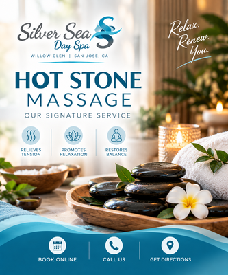 Relax & Unwind With Hot Stone Massage - Feel the soothing warmth of our signature Hot Stone Massage at Silver Sea Day Spa in Willow Glen, San Jose.
Warm stones and relaxing massage techniques help release tension, soothe tired muscles, and melt away everyday stress.
✨ Warmth. Comfort. Relaxation.
📞 Call (408) 258-8898 or book online today!
Silver Sea Day Spa — Relax. Renew. You. Relax & Unwind With Hot Stone Massage - Feel the soothing warmth of our signature Hot Stone Massage at Silver Sea Day Spa in Willow Glen, San Jose.
Warm stones and relaxing massage techniques help release tension, soothe tired muscles, and melt away everyday stress.
✨ Warmth. Comfort. Relaxation.
📞 Call (408) 258-8898 or book online today!
Silver Sea Day Spa — Relax. Renew. You.