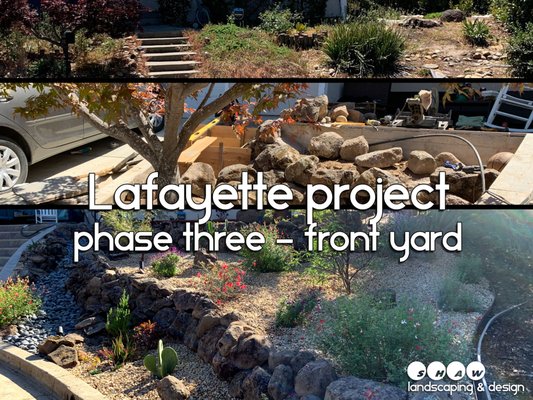 Lafayette Landscaping Project - phase three - Front Yard - The front yard is the 3rd phase of this massive landscaping overhaul project. The design language meanders through from the backyard and flows out into the front yard space. This is expressed again in the bold Southern California desert influenced rocky tiers and dry riverbed while the adjacent top tier is and complimented by a more lush Northern California essence with black bark and Lace-Leaf Japanese maples. To the left of the grand staircase is a quaint meditation space. Lafayette Landscaping Project - phase three - Front Yard - The front yard is the 3rd phase of this massive landscaping overhaul project. The design language meanders through from the backyard and flows out into the front yard space. This is expressed again in the bold Southern California desert influenced rocky tiers and dry riverbed while the adjacent top tier is and complimented by a more lush Northern California essence with black bark and Lace-Leaf Japanese maples. To the left of the grand staircase is a quaint meditation space.