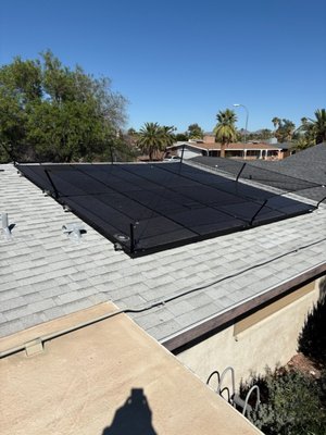 Solar Panel Netting Installation – Mesa - Solar netting installation for a Mesa customer looking to keep birds and roof pests off their panels. We installed a full mesh enclosure across the array, corner-braced and tensioned to sit flush against the roofline without leaving gaps critters can squeeze through. The result is a clean, low-profile barrier that protects the panels and the roof underneath from nesting damage while staying nearly invisible from the ground. SunWorx Solar Services offers free netting estimates for homeowners across the East Valley. Solar Panel Netting Installation – Mesa - Solar netting installation for a Mesa customer looking to keep birds and roof pests off their panels. We installed a full mesh enclosure across the array, corner-braced and tensioned to sit flush against the roofline without leaving gaps critters can squeeze through. The result is a clean, low-profile barrier that protects the panels and the roof underneath from nesting damage while staying nearly invisible from the ground. SunWorx Solar Services offers free netting estimates for homeowners across the East Valley.