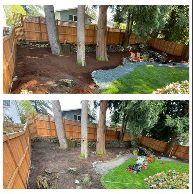clean-up
and mulching - The owner asked us for an estimate to pressure wash the concrete and clean the ruf.
Also on the subject, I offered a general cleanup of the property. They liked my price, and we installed new mulch, finding a contrast with the color of the fence and the trees. We also applied new gravel.
They were definitely happy.