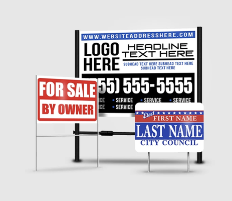 Yard signs - Get the neighbors talking and asking for referrals with custom printed lawn signs and yard signs. We will design and print as many lawn signs as you need - real estate signs, construction signs, landscaping signs, political campaign signs, or any other signs you are looking for to make an impression. Yard signs - Get the neighbors talking and asking for referrals with custom printed lawn signs and yard signs. We will design and print as many lawn signs as you need - real estate signs, construction signs, landscaping signs, political campaign signs, or any other signs you are looking for to make an impression.