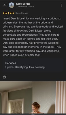 Reviews from other sites - Here are some more reviews of Wild Craft salon for both in salon - cut and colors type services and on location bridal services. 
These reviews are pulled from Google, The Knot , Wedding Wire and Gloss Genius (our online booking platform)