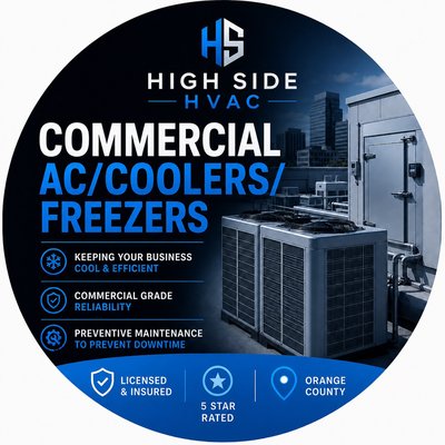 Commercial Air Conditioning and Refrigeration Service - High Side HVAC & Appliance provides fast, reliable commercial refrigeration and air conditioning repair throughout Orange County. We service rooftop and split commercial AC systems, walk-in coolers and freezers, wine storage rooms, and commercial refrigeration equipment for restaurants, retail, and light commercial properties.
We diagnose and repair compressor issues, refrigerant leaks, evaporator and condenser problems, electrical and control faults, and airflow/temperature inconsistencies — working across a range of refrigerants (R22, R404A, R410A, R454B) and equipment types including Copeland compressors and commercial condensing units.
Downtime costs money — that’s why we prioritize fast response and accurate diagnostics to get your equipment back up and running with minimal disruption to your business. All work is performed to code, fully licensed (CA C-20 License), and insured, with a focus on getting it fixed right the first time.
Whether it’s a walk-in cooler losing temperature, a wine room compressor issue, or a commercial AC unit down on a hot day, contact us for prompt service across Orange County. Commercial Air Conditioning and Refrigeration Service - High Side HVAC & Appliance provides fast, reliable commercial refrigeration and air conditioning repair throughout Orange County. We service rooftop and split commercial AC systems, walk-in coolers and freezers, wine storage rooms, and commercial refrigeration equipment for restaurants, retail, and light commercial properties.
We diagnose and repair compressor issues, refrigerant leaks, evaporator and condenser problems, electrical and control faults, and airflow/temperature inconsistencies — working across a range of refrigerants (R22, R404A, R410A, R454B) and equipment types including Copeland compressors and commercial condensing units.
Downtime costs money — that’s why we prioritize fast response and accurate diagnostics to get your equipment back up and running with minimal disruption to your business. All work is performed to code, fully licensed (CA C-20 License), and insured, with a focus on getting it fixed right the first time.
Whether it’s a walk-in cooler losing temperature, a wine room compressor issue, or a commercial AC unit down on a hot day, contact us for prompt service across Orange County.