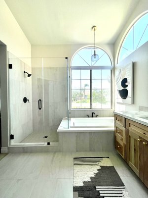 Beautiful Master Shower Fontana Remodel! 🤩 - These wonderful clients had a grand vision for their Master Bathroom! We took all the aspects from aesthetics to practicality and made a dream bathroom! Our clients went with a straight lay stacked tile pattern and beautiful seamless glass for their shower! Beautiful Master Shower Fontana Remodel! 🤩 - These wonderful clients had a grand vision for their Master Bathroom! We took all the aspects from aesthetics to practicality and made a dream bathroom! Our clients went with a straight lay stacked tile pattern and beautiful seamless glass for their shower!