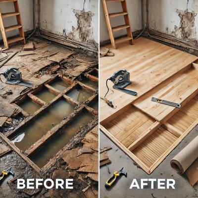 subfloor replacement - In this project, I replaced a damaged and water-logged subfloor with brand-new, sturdy plywood. The 'before' image shows the extensive rot and decay, while the 'after' image highlights a smooth and solid surface, ready for new flooring. This is a prime example of how I can restore and rejuvenate spaces, ensuring a safe and lasting foundation.