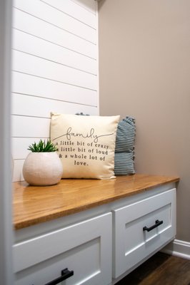 Mudroom Bench in the South Hills - This Mudroom Bench was custom designed and custom made to fit into the existing niche of this newly built home. The Bench includes some storage with two soft-close drawers underneath along with a shelf at the top. The design also called for a shiplap accent wall to complement the coastal vibes of the home. The benchtop was made of solid oak and stained and finished to protect it for many years to come. Mudroom Bench in the South Hills - This Mudroom Bench was custom designed and custom made to fit into the existing niche of this newly built home. The Bench includes some storage with two soft-close drawers underneath along with a shelf at the top. The design also called for a shiplap accent wall to complement the coastal vibes of the home. The benchtop was made of solid oak and stained and finished to protect it for many years to come.