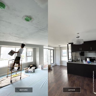 Popcorn Ceiling Removal - There is only one way to get a great result after removing the popcorn on the ceilings, you have to do the prep work!
-
We started by masking off everything that is not being painted, then sanded everything extensively. After the high spots are scrapped down we skim coat everything to fill the low spots. Another round of sanding and then we primed! #popcornceilingremoval Popcorn Ceiling Removal - There is only one way to get a great result after removing the popcorn on the ceilings, you have to do the prep work!
-
We started by masking off everything that is not being painted, then sanded everything extensively. After the high spots are scrapped down we skim coat everything to fill the low spots. Another round of sanding and then we primed! #popcornceilingremoval
