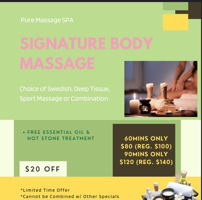 Come & Check out our Specials - Pure Massage Spa – Orlando’s Trusted Destination for Relaxation
Welcome to Pure Massage Spa, one of Orlando’s most trusted Asian massage spas, where relaxation meets rejuvenation.
Our licensed and experienced massage therapists specialize in creating personalized massage experiences that help you unwind, relieve tension, and restore balance to your body and mind.
At Pure Massage Spa, we offer a full range of professional massage services in Orlando, including:
• Deep Tissue Massage
• Swedish Massage
• Hot Stone Massage
• Shiatsu Massage
• Thai Massage
• Foot Massage
• Back Walking Massage
• Rejuvenating Facials
Whether you’re seeking a therapeutic massage for pain relief, a relaxing spa day in Orlando, or simply time to recharge, our therapists tailor every session to your unique needs.
Experience the calm, care, and comfort that make Pure Massage Spa the top-rated Asian massage spa in Orlando — and leave feeling refreshed, renewed, and restored.
✨ Book your appointment today!
Call us or visit our spa in Orlando to discover why locals and visitors alike choose Pure Massage Spa for the ultimate relaxation experience. Walk-ins are always welcome! Come & Check out our Specials - Pure Massage Spa – Orlando’s Trusted Destination for Relaxation
Welcome to Pure Massage Spa, one of Orlando’s most trusted Asian massage spas, where relaxation meets rejuvenation.
Our licensed and experienced massage therapists specialize in creating personalized massage experiences that help you unwind, relieve tension, and restore balance to your body and mind.
At Pure Massage Spa, we offer a full range of professional massage services in Orlando, including:
• Deep Tissue Massage
• Swedish Massage
• Hot Stone Massage
• Shiatsu Massage
• Thai Massage
• Foot Massage
• Back Walking Massage
• Rejuvenating Facials
Whether you’re seeking a therapeutic massage for pain relief, a relaxing spa day in Orlando, or simply time to recharge, our therapists tailor every session to your unique needs.
Experience the calm, care, and comfort that make Pure Massage Spa the top-rated Asian massage spa in Orlando — and leave feeling refreshed, renewed, and restored.
✨ Book your appointment today!
Call us or visit our spa in Orlando to discover why locals and visitors alike choose Pure Massage Spa for the ultimate relaxation experience. Walk-ins are always welcome!